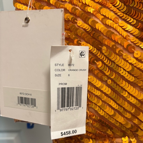 NWT Mac Duggal One Shoulder Mesh Sequin Gown w/Slit in Orange Crush Size 6 - Picture 7 of 8